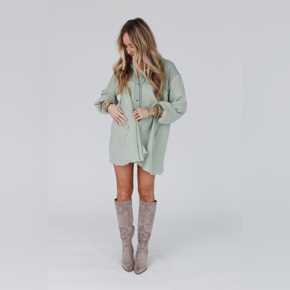 Three Bird Nest Long Sleeve Sage Green Button-Up Dress - Picture 9 of 9